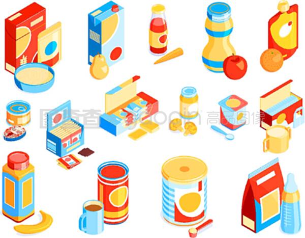 等距嬰兒食品顏色集,產品包裝色彩鮮艷的獨立圖片和未包裝的Childs餐矢量插圖