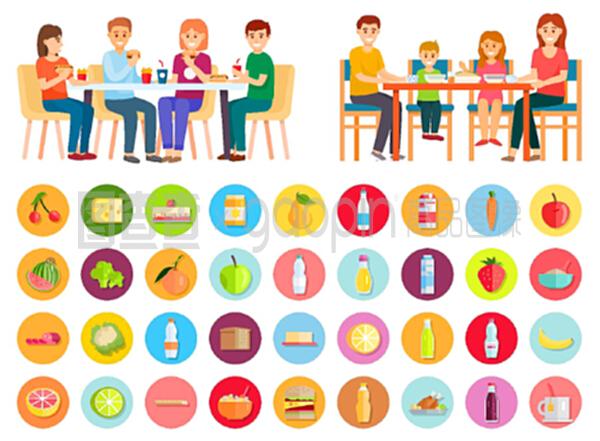 在家里吃飯的家庭。兩張照片,健康的家庭食品和不健康的垃圾食品。母親和父親,女兒和兒子一起吃飯。單獨的產(chǎn)品圖標。平面的矢量插圖。家庭吃垃圾食品和健康食品,產(chǎn)品圖標
